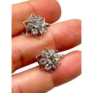 Vintage Darius Screw Back Earrings with Rhinestone Flower Design Bridal Jewelry